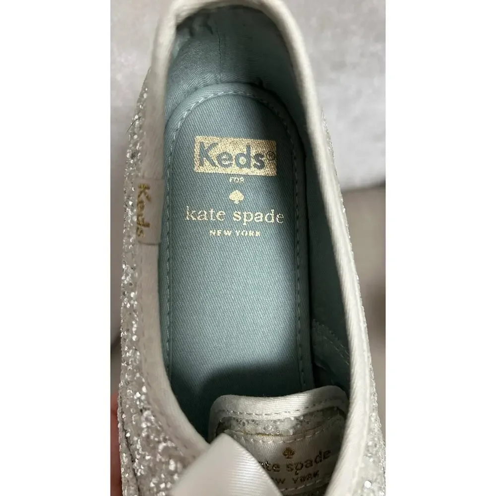 NEW! Keds X Kate Spade New York Champion White Glitter Sneakers w/ Ribbon, 6.5